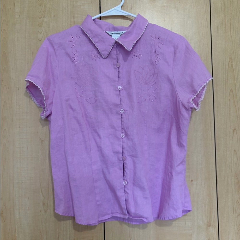 Vintage Light blush pink Eyelet Button-Front Blouse with Scalloped Trim